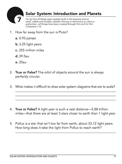 Christian astronomy curriculum Workbook Level A class 7 sample page 1