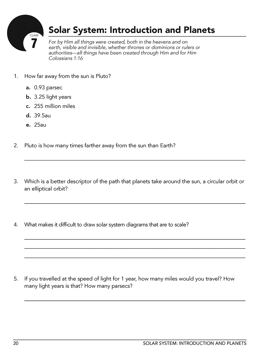 Christian astronomy curriculum Workbook Level B class 7 sample page 1