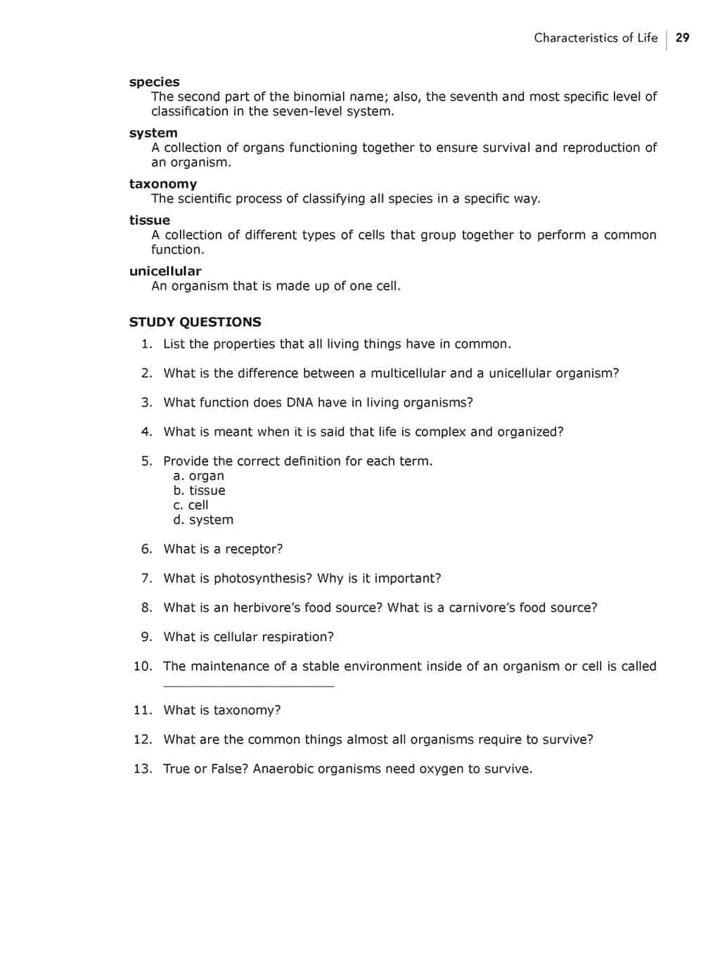 Home school Life Science textbook chapter 2 sample page 5 with study questions