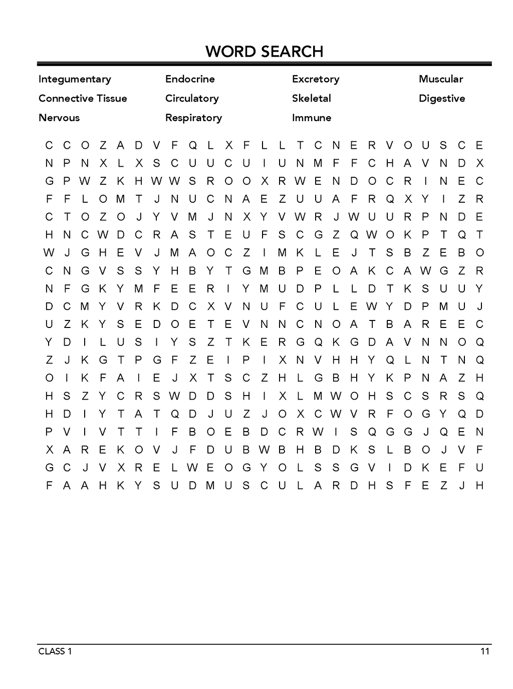 Homeschool anatomy and curriculum sample workbook page 11 Class 1 word search