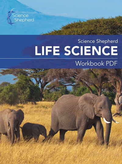 Homeschool Life Science Workbook PDF cover with elephant family on savanna