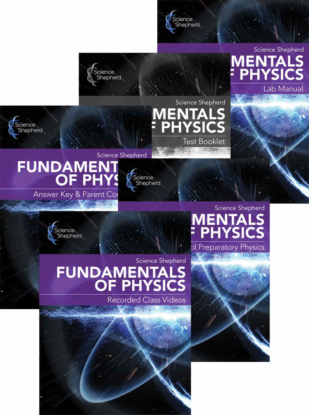 Homeschool physics videos bundle with 3-book set and lab book cover