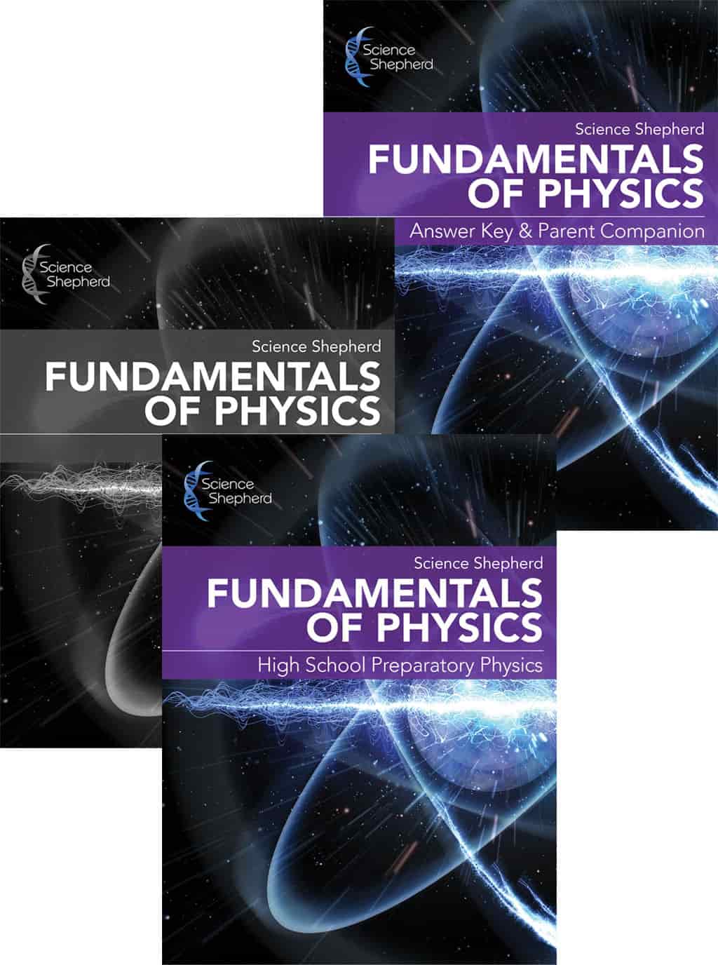 Physics curriculum homeschool 3-book set cover with textbook, test booklet, parent guide