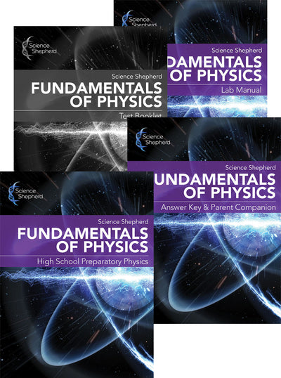 Physics curriculum homeschool 3-book set cover with textbook, test booklet, parent guide, lab manual