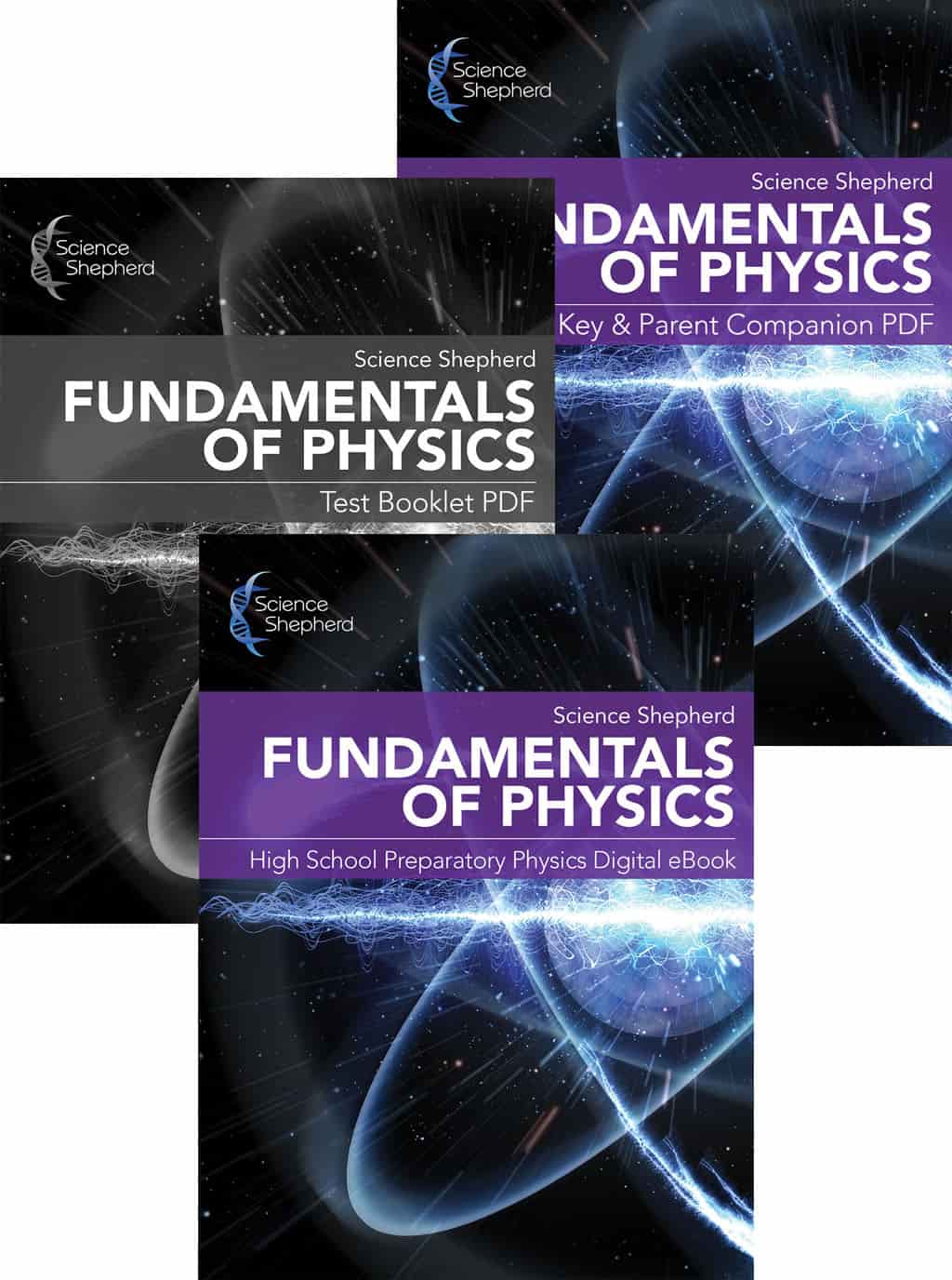 Physics curriculum homeschool digital 3-book set cover with textbook, test booklet, parent guide