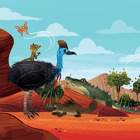 Science Shepherd children's board books banner of Australian animals including a crocodile, lizard, platypus, butterfly, spider and cassowary