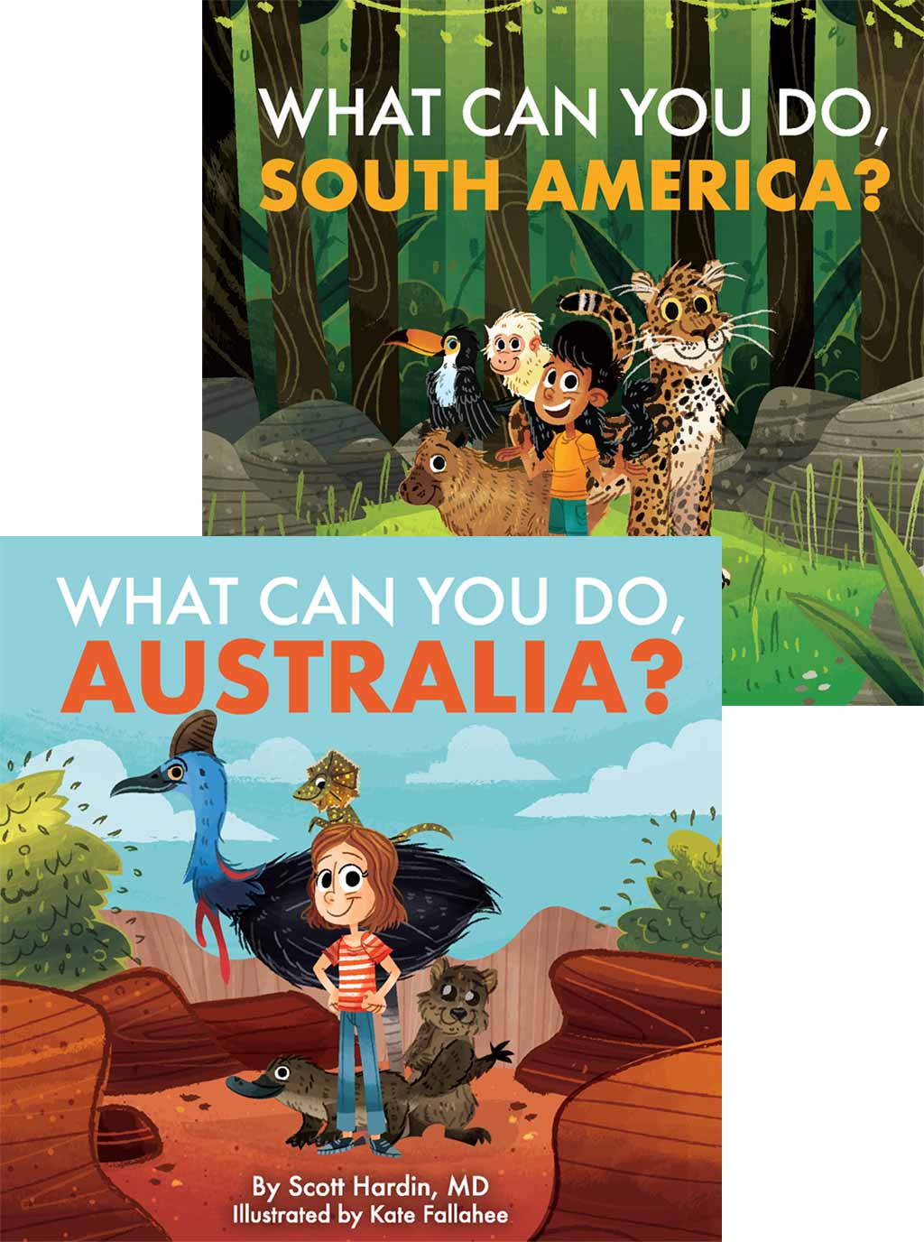 Christian board books covers set in Australia and South America showing native animals