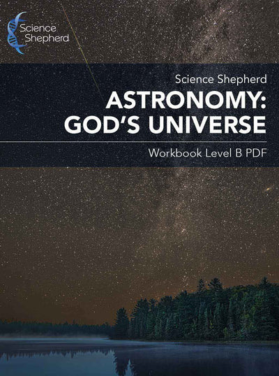 Astronomy homeschool Workbook Level B PDF cover of a night sky over a calm lake