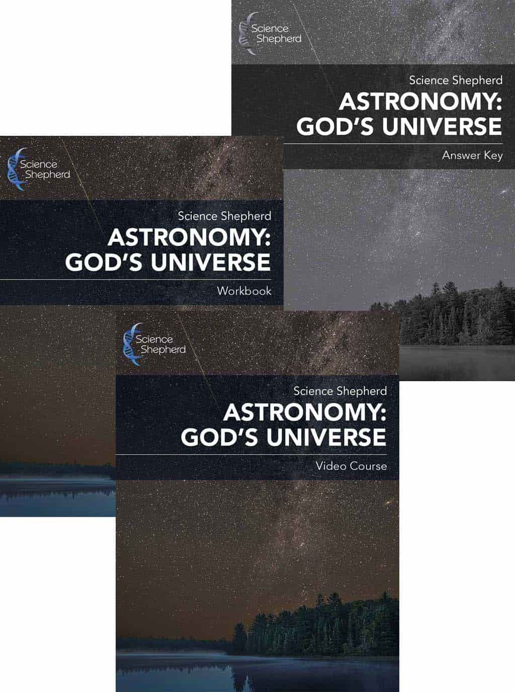 Christian astronomy curriculum bundle cover showing the video course, workbook and answer key