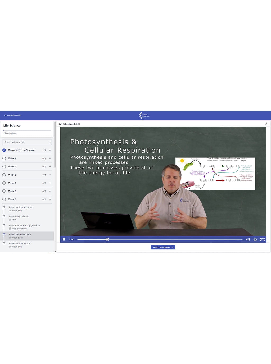 Homeschool video curriculum student portal screenshot for Life Science