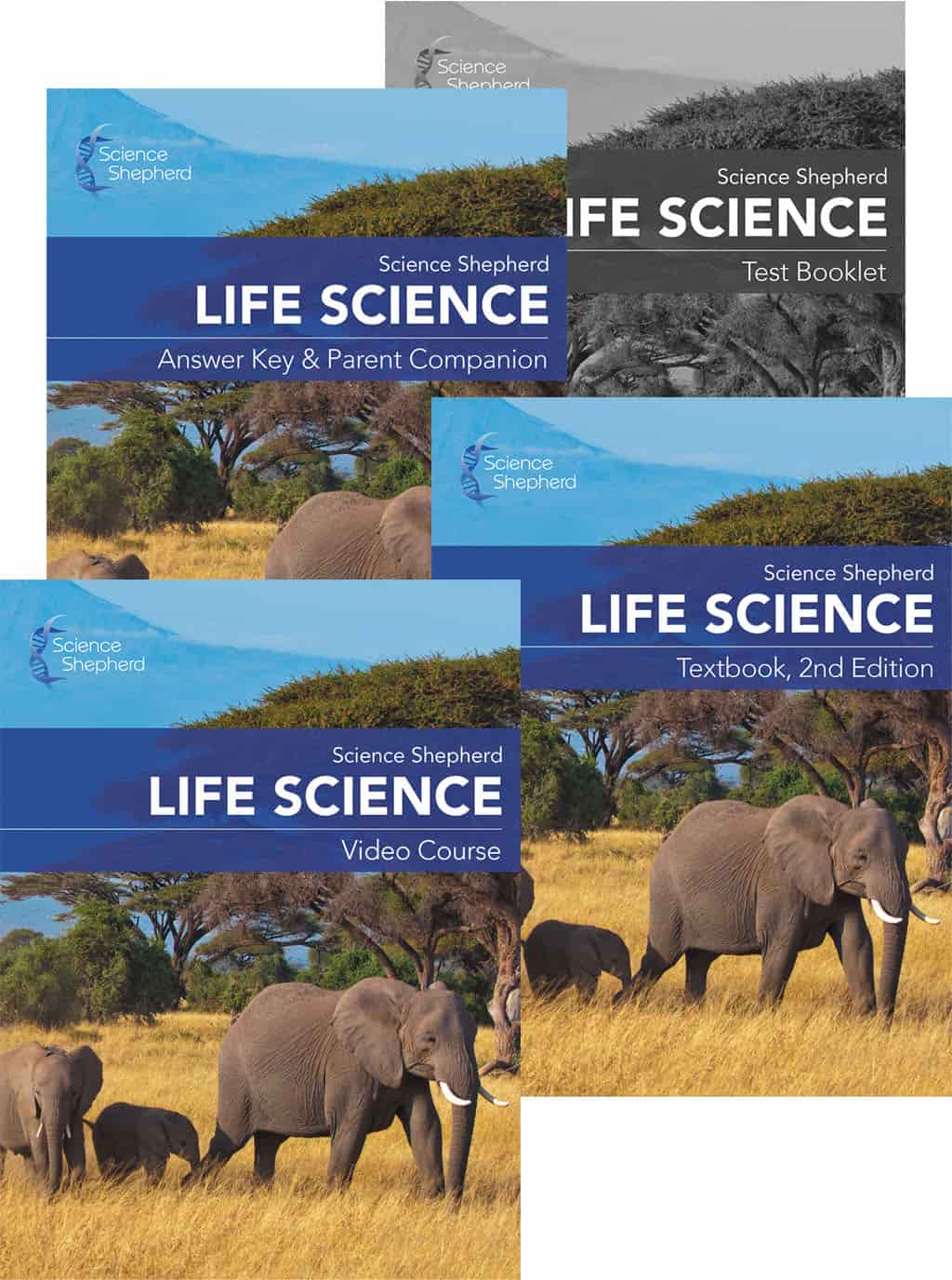 Science Shepherd Life Science homeschool video curriculum with 3-book set cover of elephants
