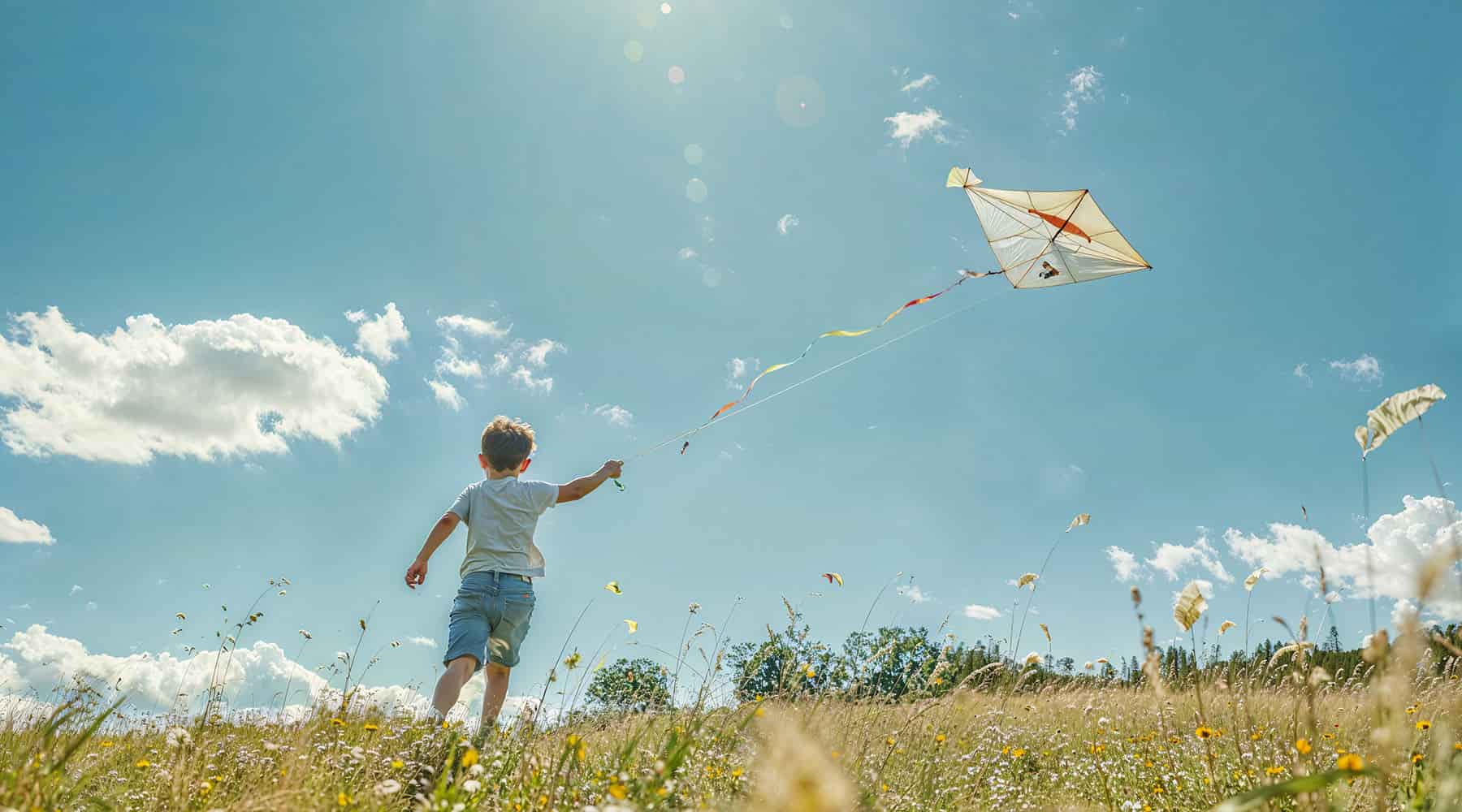 Banner of a child having homeschool summer fun flying a kite