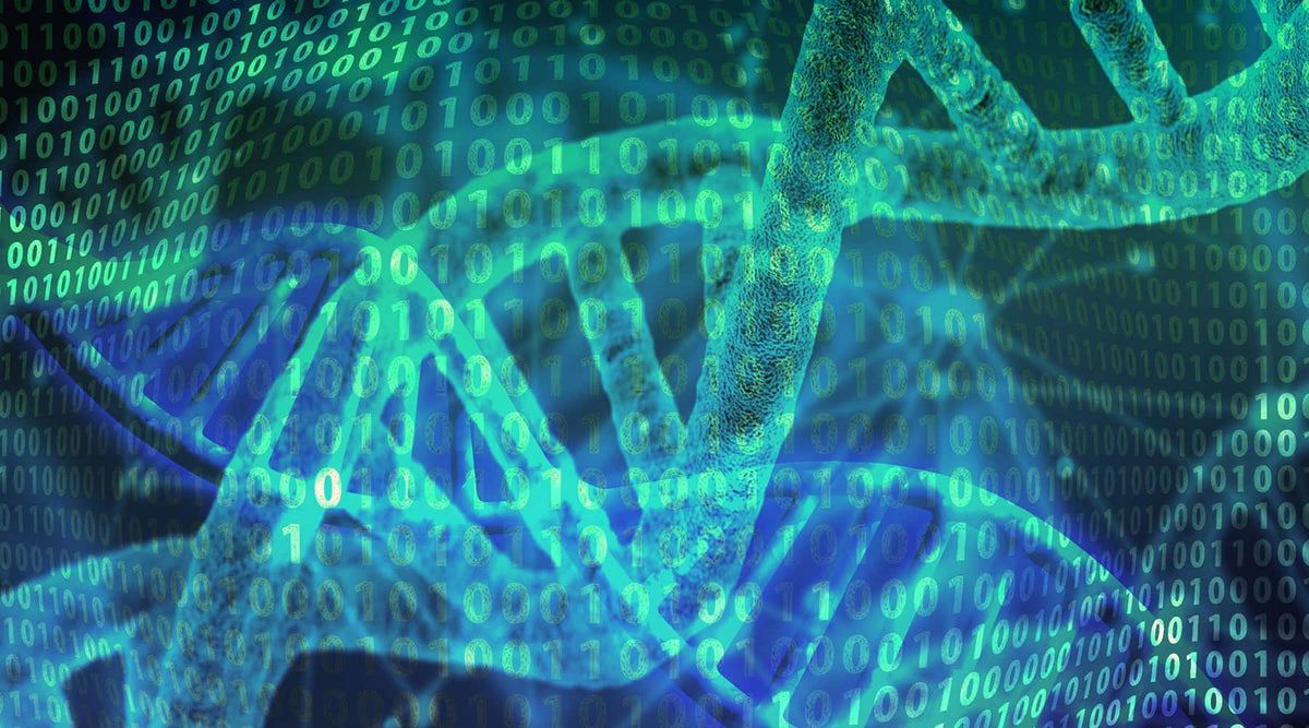 Green dna on background of 1s and 0s binary code information