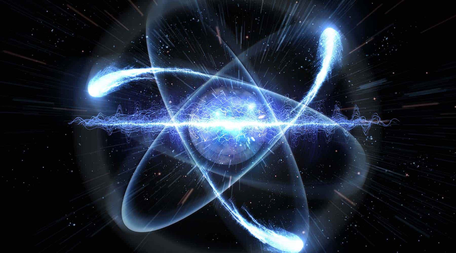 Banner showing a stylized blue atom on a black background