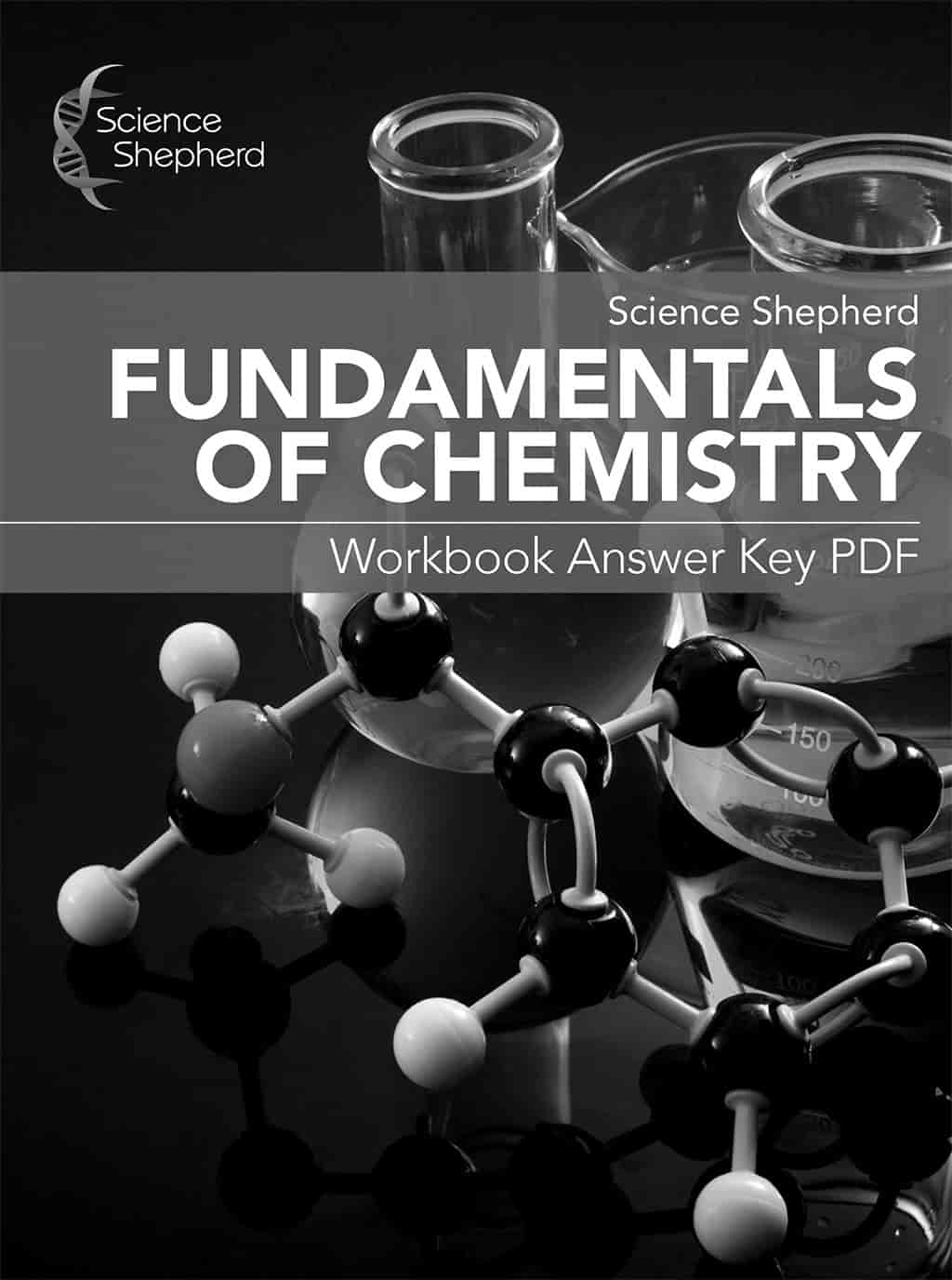 Fundamentals of Chemistry Workbook Answer Key PDF showing molecule models and beakers