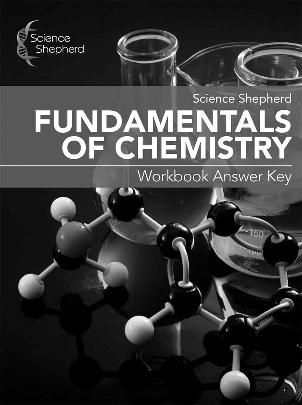 Fundamentals of Chemistry Workbook Answer Key showing molecule models and beakers