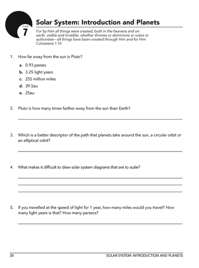 Christian astronomy curriculum Workbook Level B class 7 sample page 1