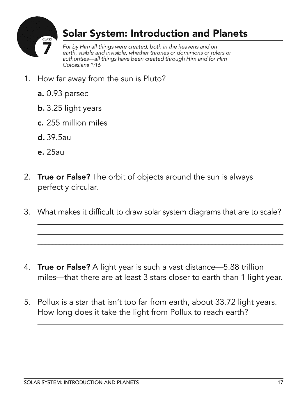 Christian astronomy student workbook level A class 7 sample page 1