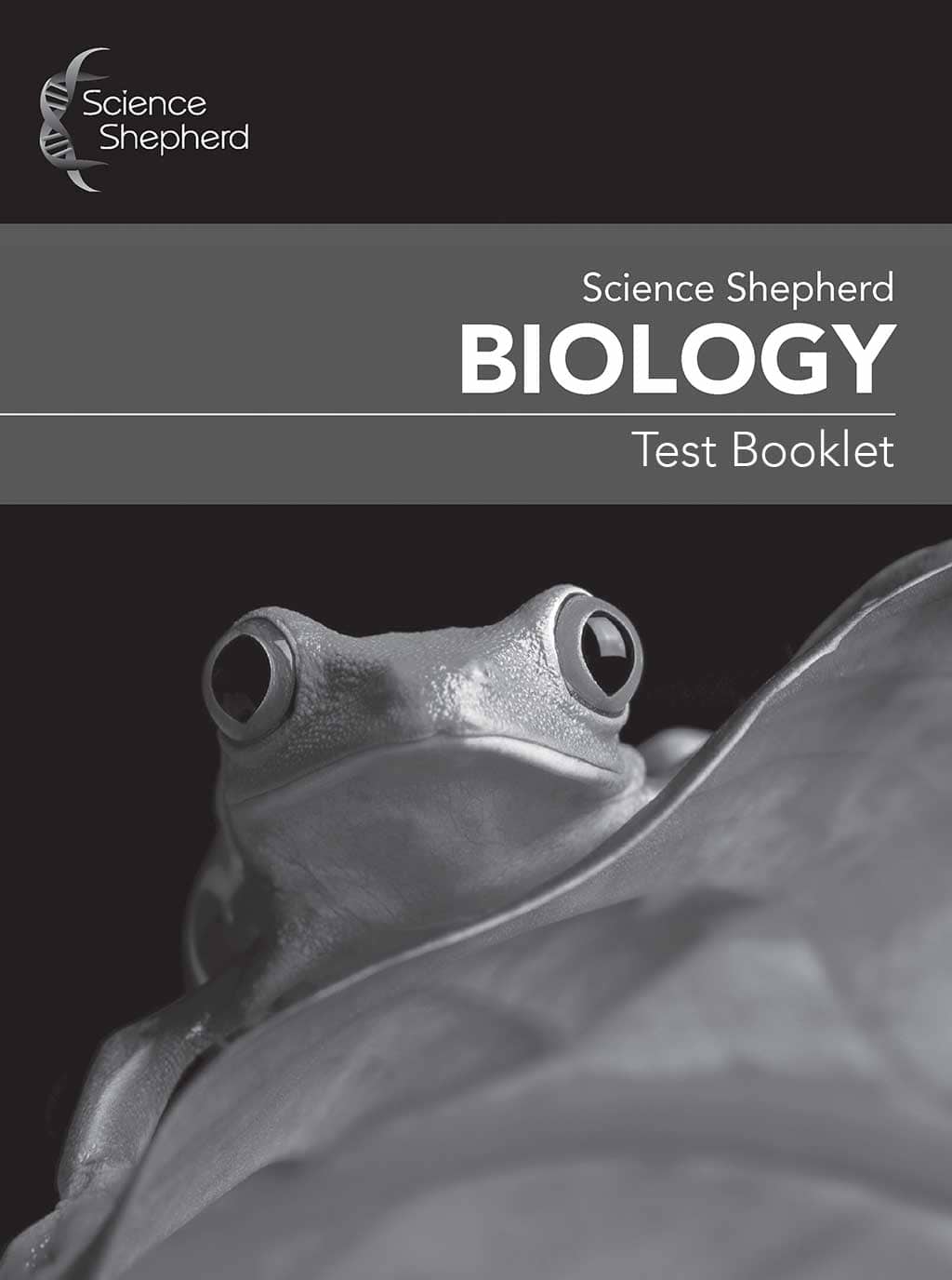 Christian homeschool Biology curriculum Test Booklet cover of frog on a leaf in grayscale