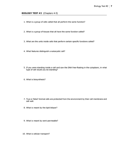 Christian homeschool Biology curriculum Test Booklet sample page