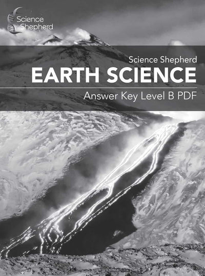 Earth Science for homeschool Answer Key Level B PDF book cover of volcano and lava in grayscale