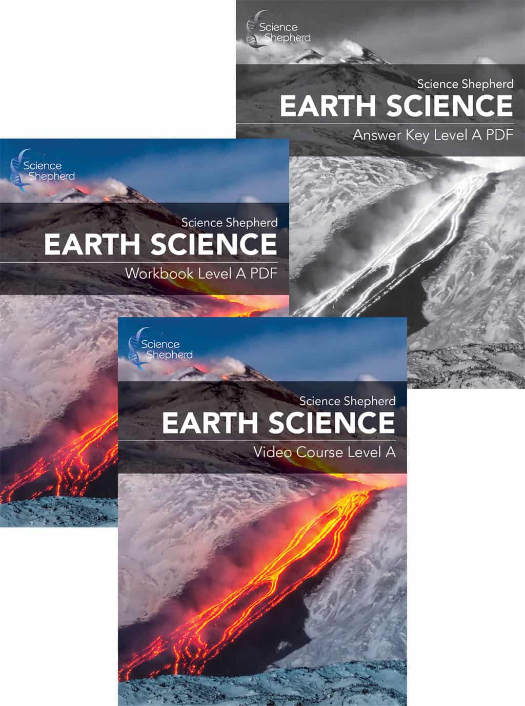Earth Science homeschool curriculum digital bundle Level A video and book covers of a volcano