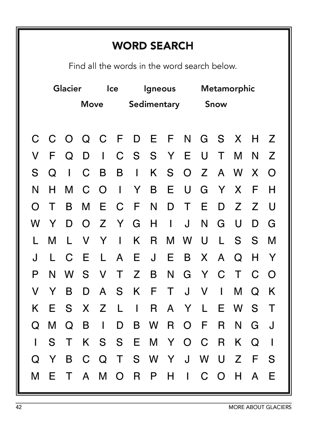 Sample Earth Science homeschool student Workbook Level A page word search