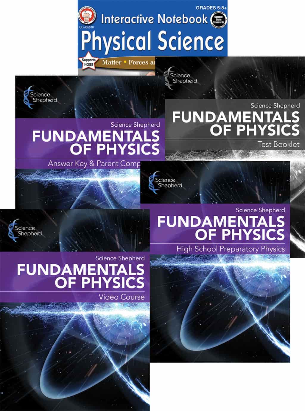 Fundamentals of Physics homeschool videos with 3-book set and lab book cover