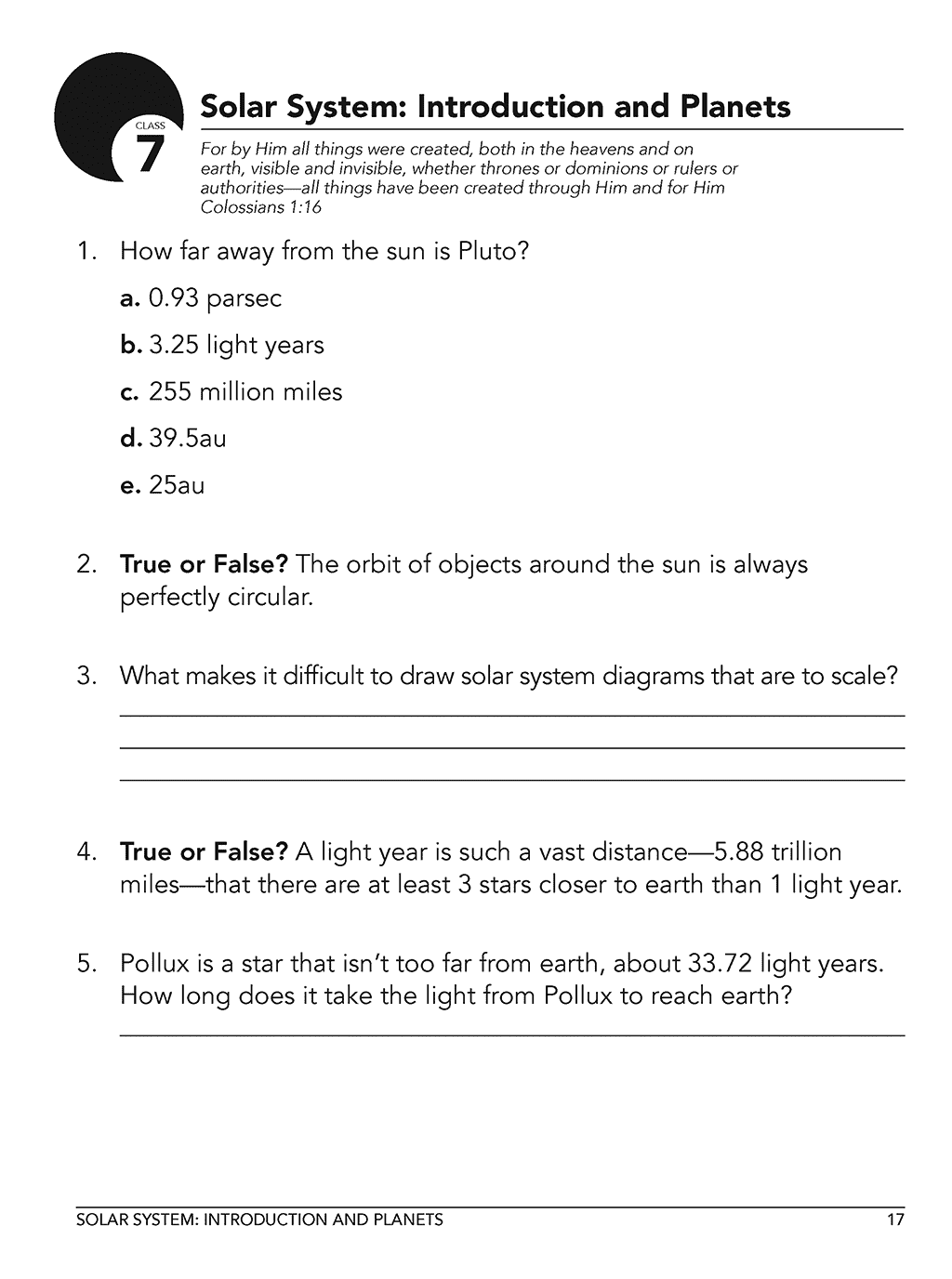 Homeschool astronomy curriculum workbook level A class 7 sample page 1