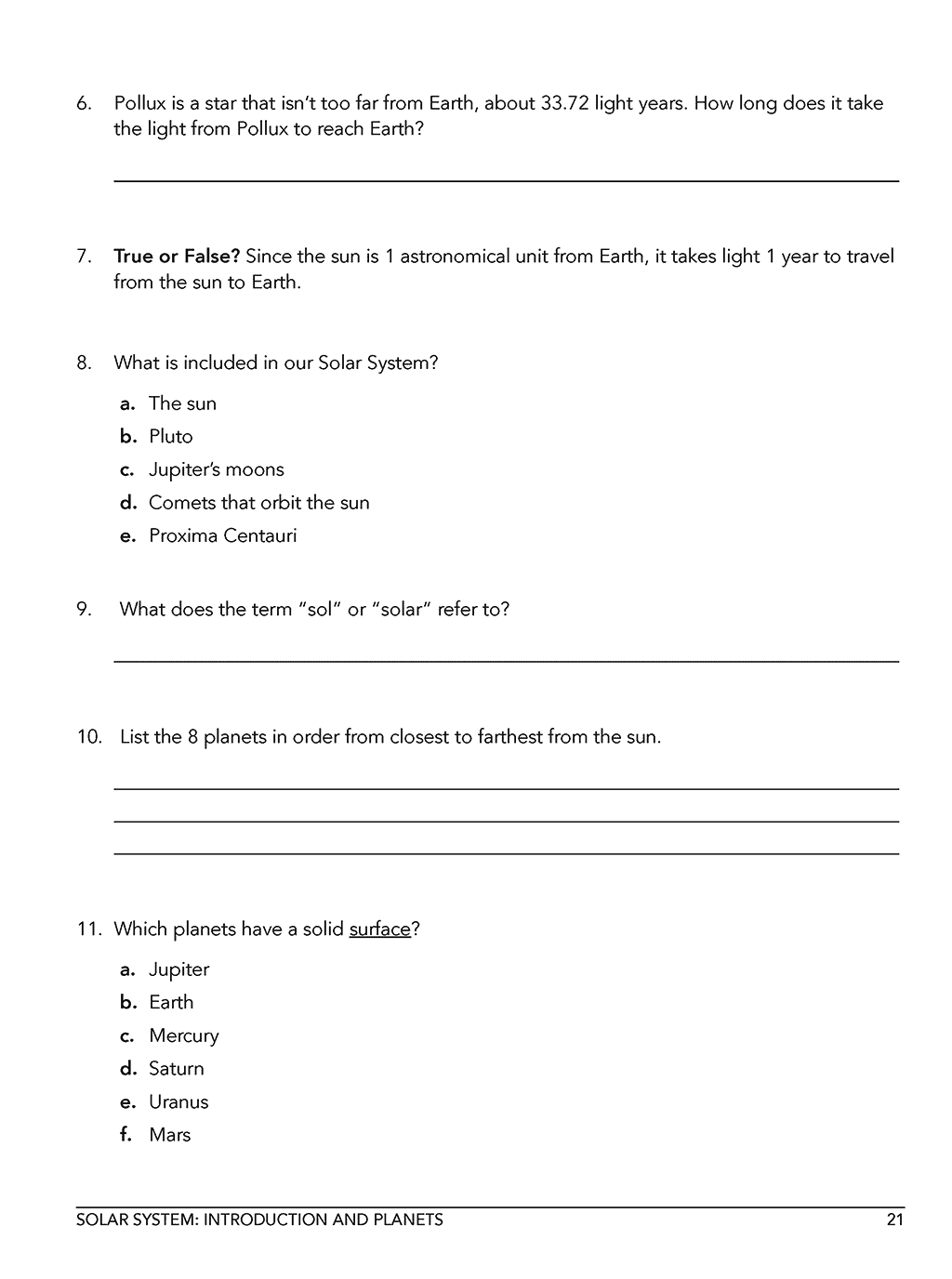 Homeschool astronomy middle school workbook Level B sample page 2