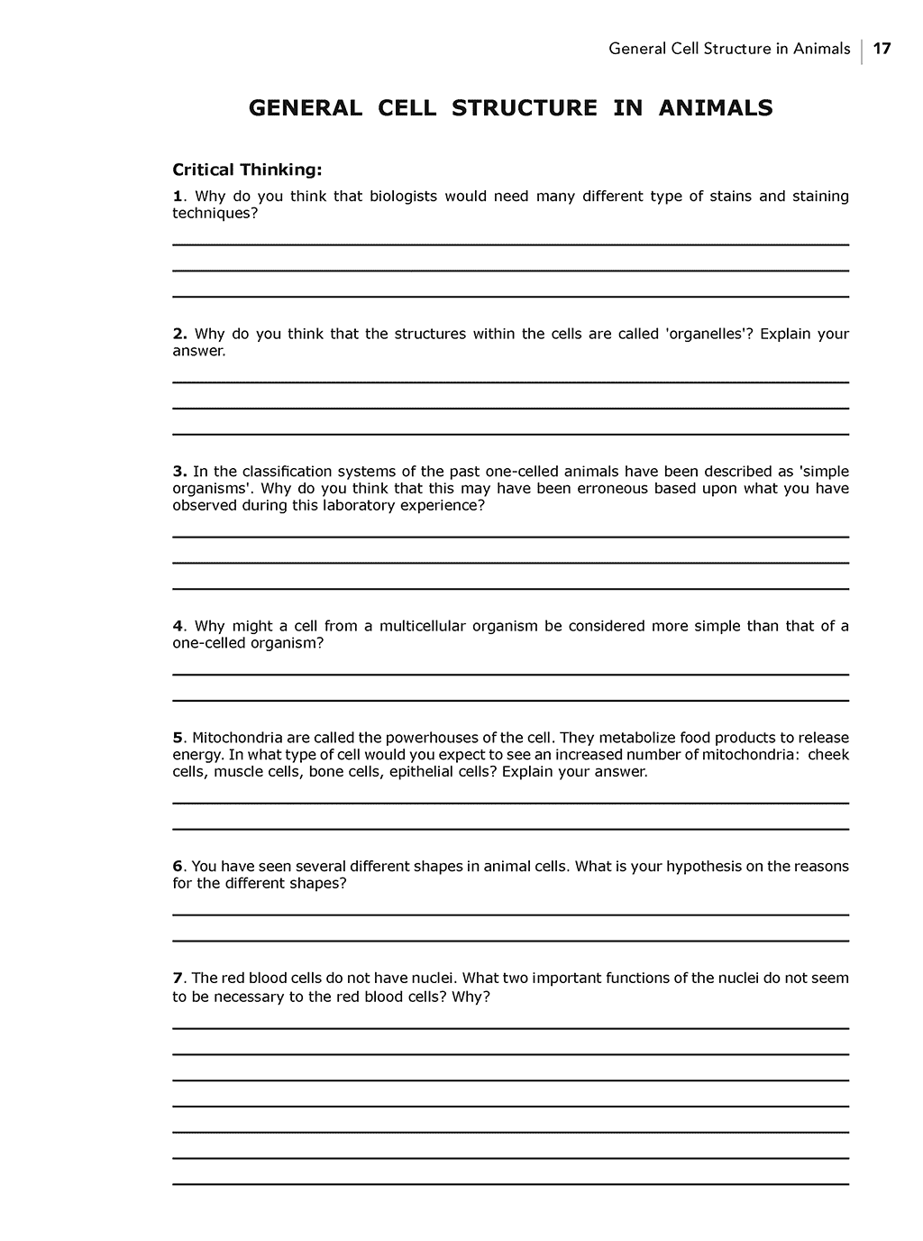 Homeschool Biology Lab Videos critical thinking page for the General Cell Structure in Animals lab