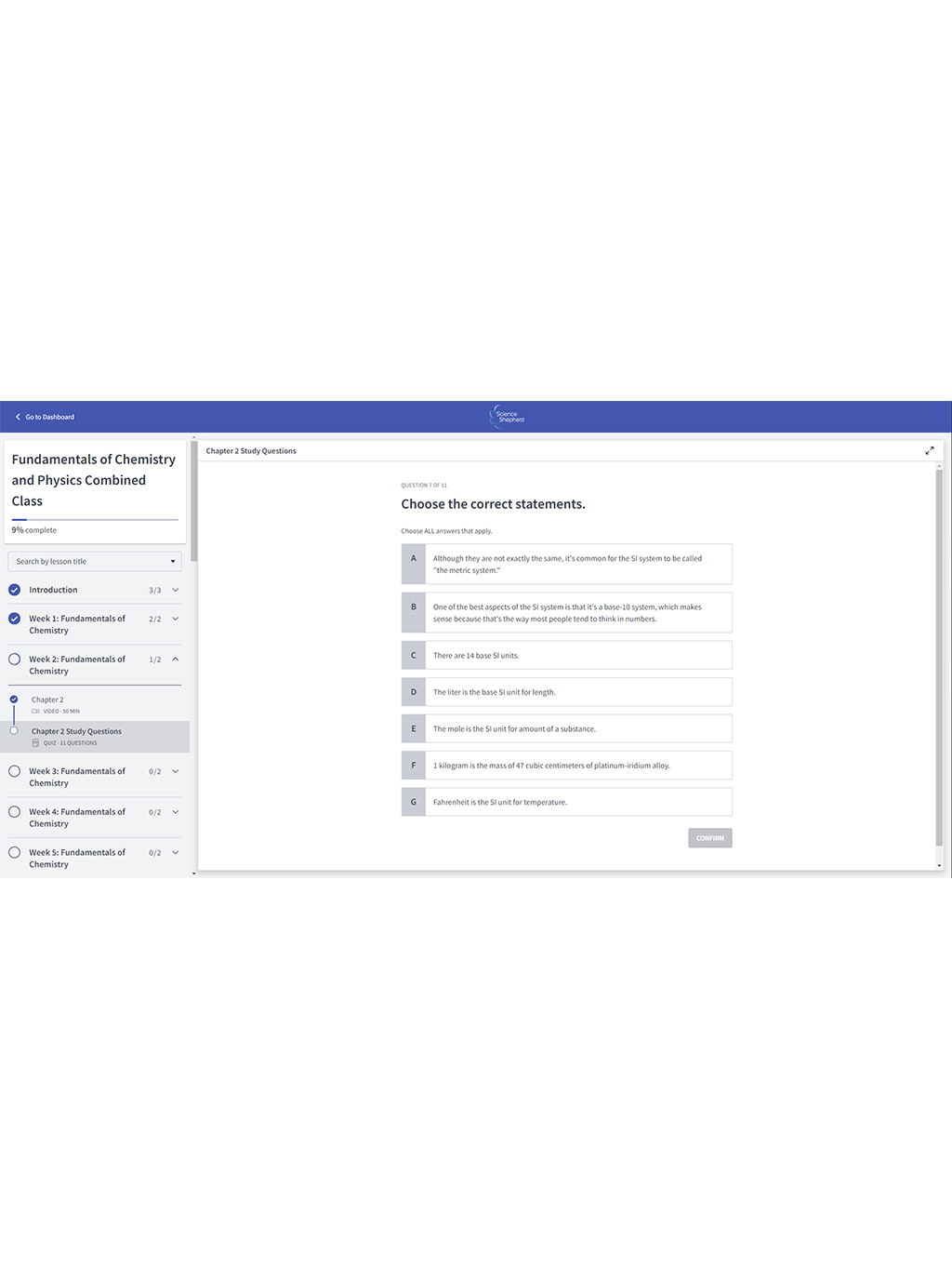 Homeschool chemistry and physics combined video course student portal quiz screenshot