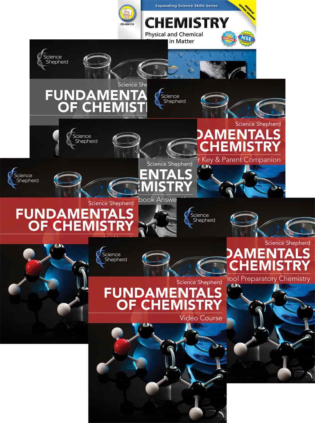 Cover image for a homeschool chemistry bundle with videos and books.