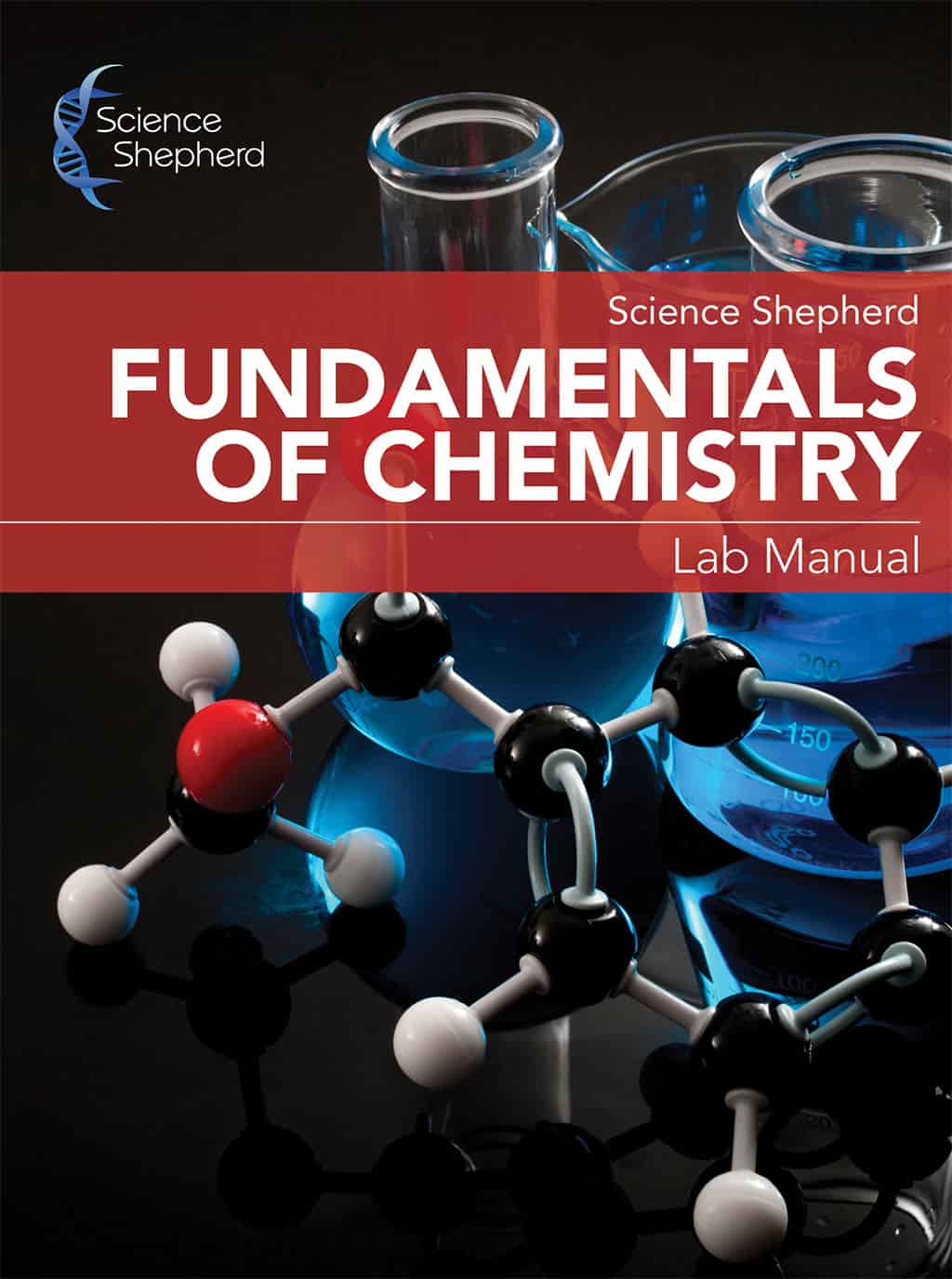 Homeschool chemistry lab manual cover showing atomic model and beakers