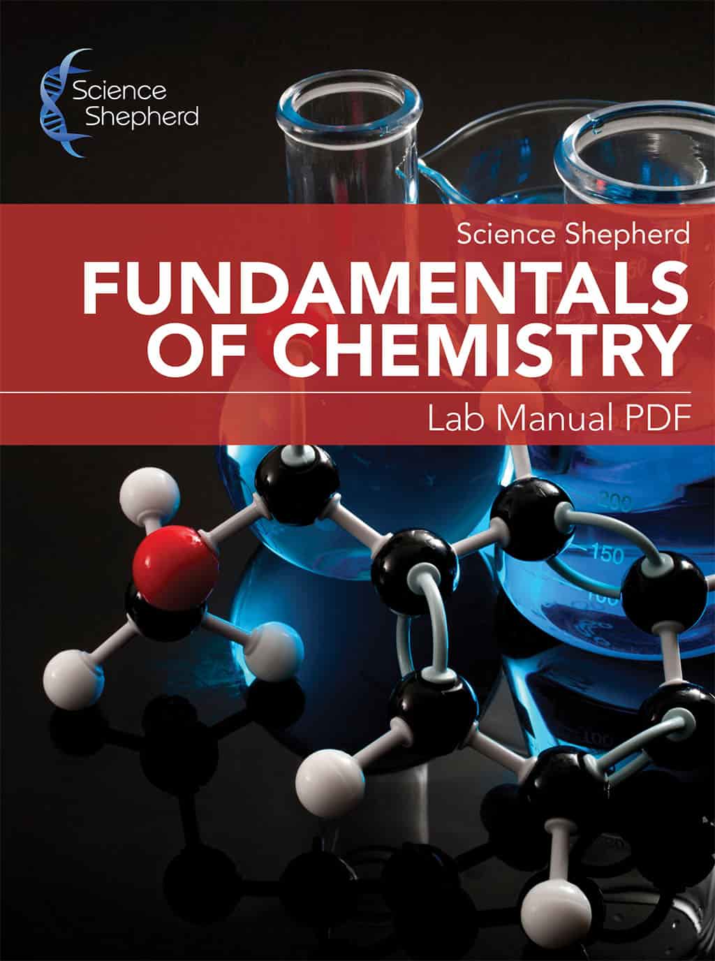 Homeschool chemistry lab manual PDF cover showing atomic model and beakers