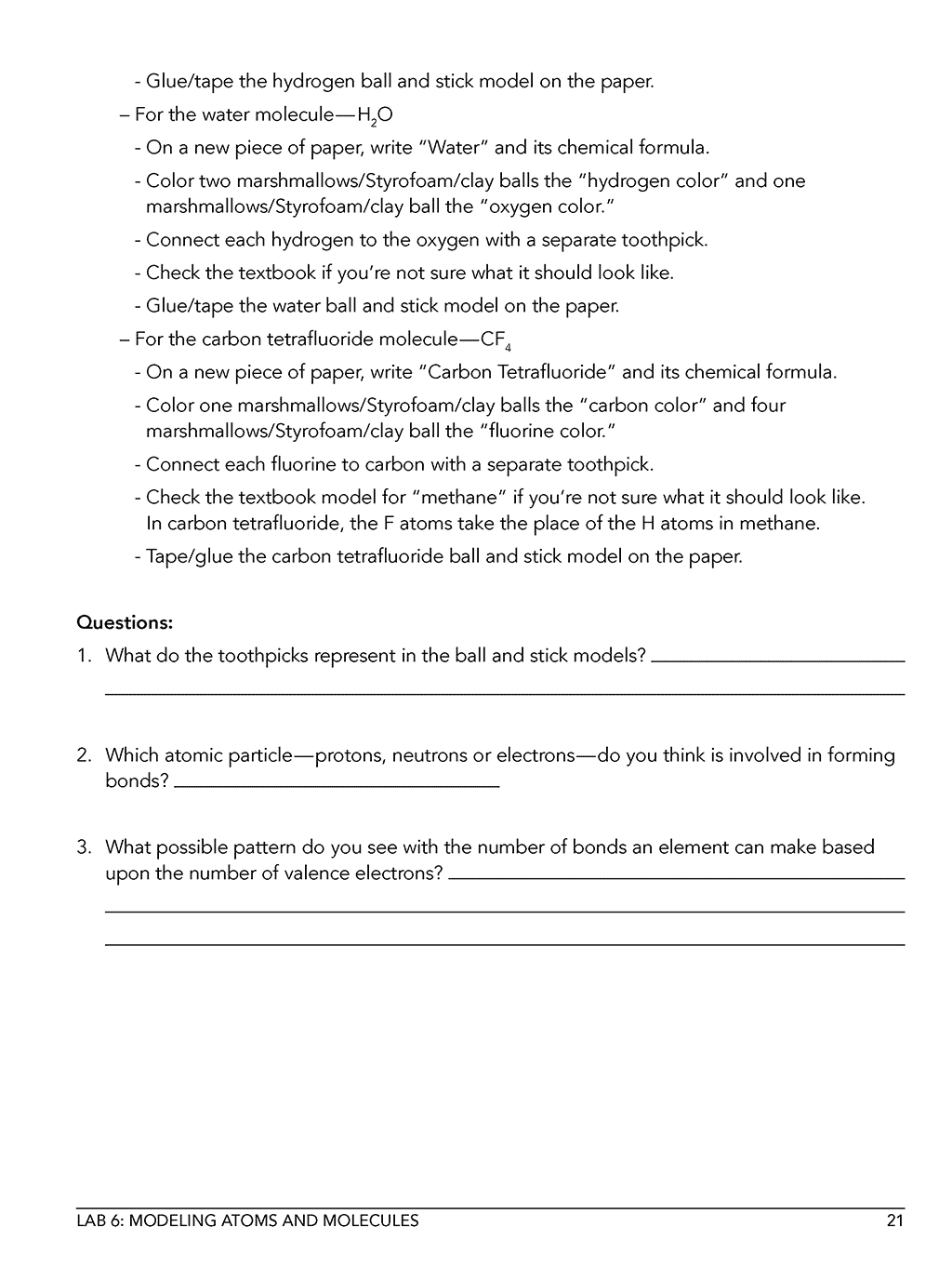 Homeschool chemistry lab manual sample page showing procedure and questions