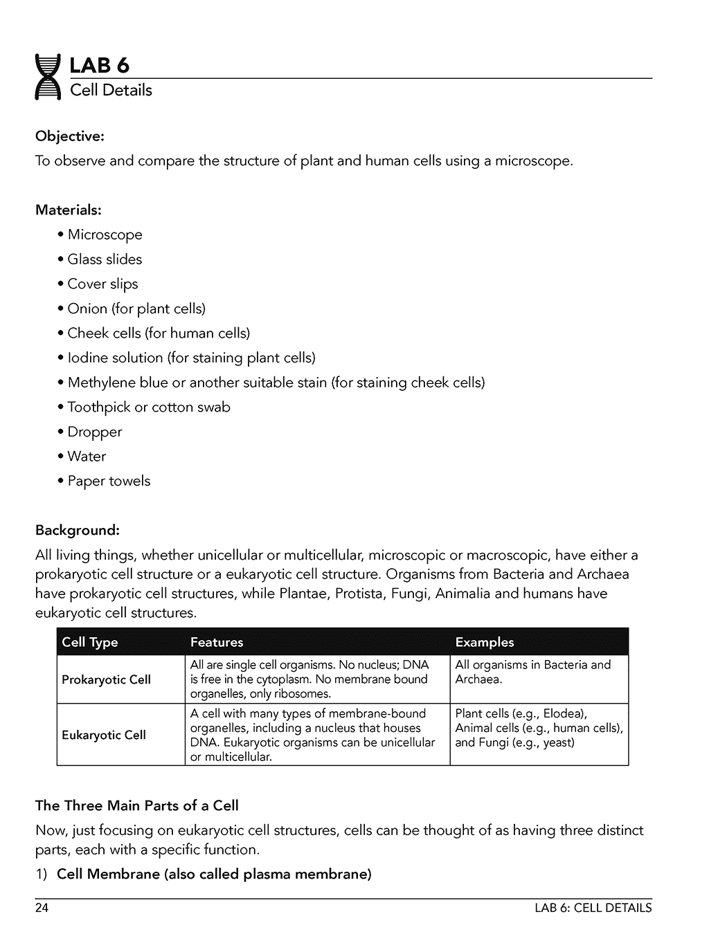 Homeschool Life Science Lab Manual sample page showing objective, materials, background information