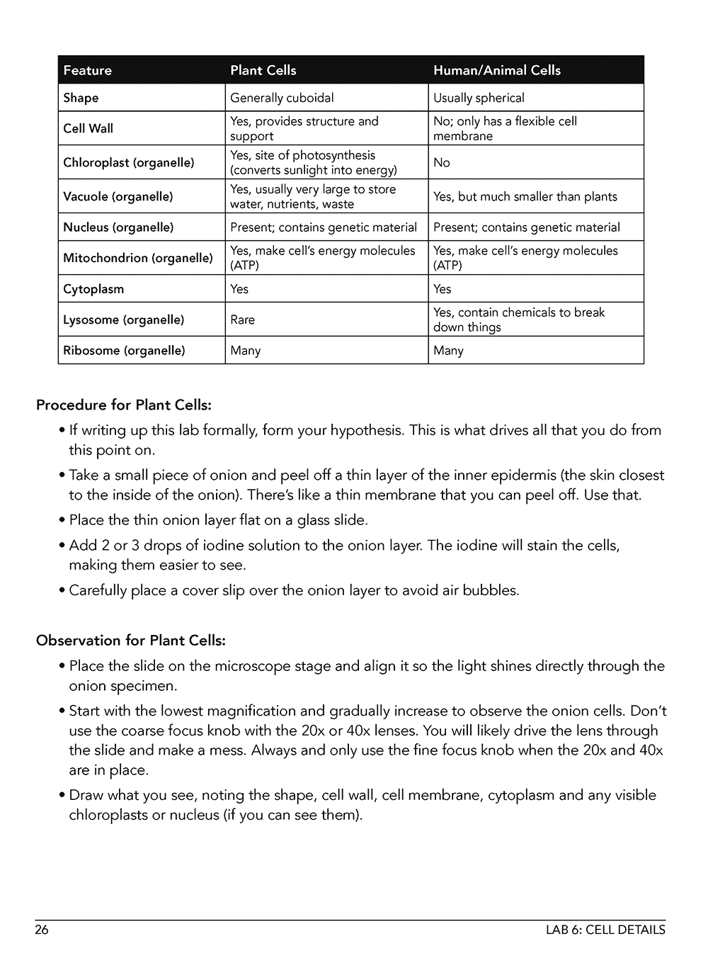 Homeschool Life Science Lab Manual sample page showing procedures and observations