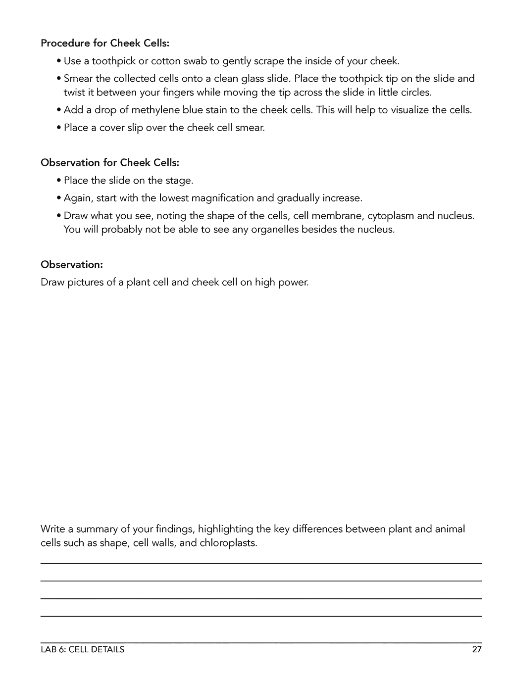 Homeschool Life Science Lab Manual sample page showing procedure and summary writeup