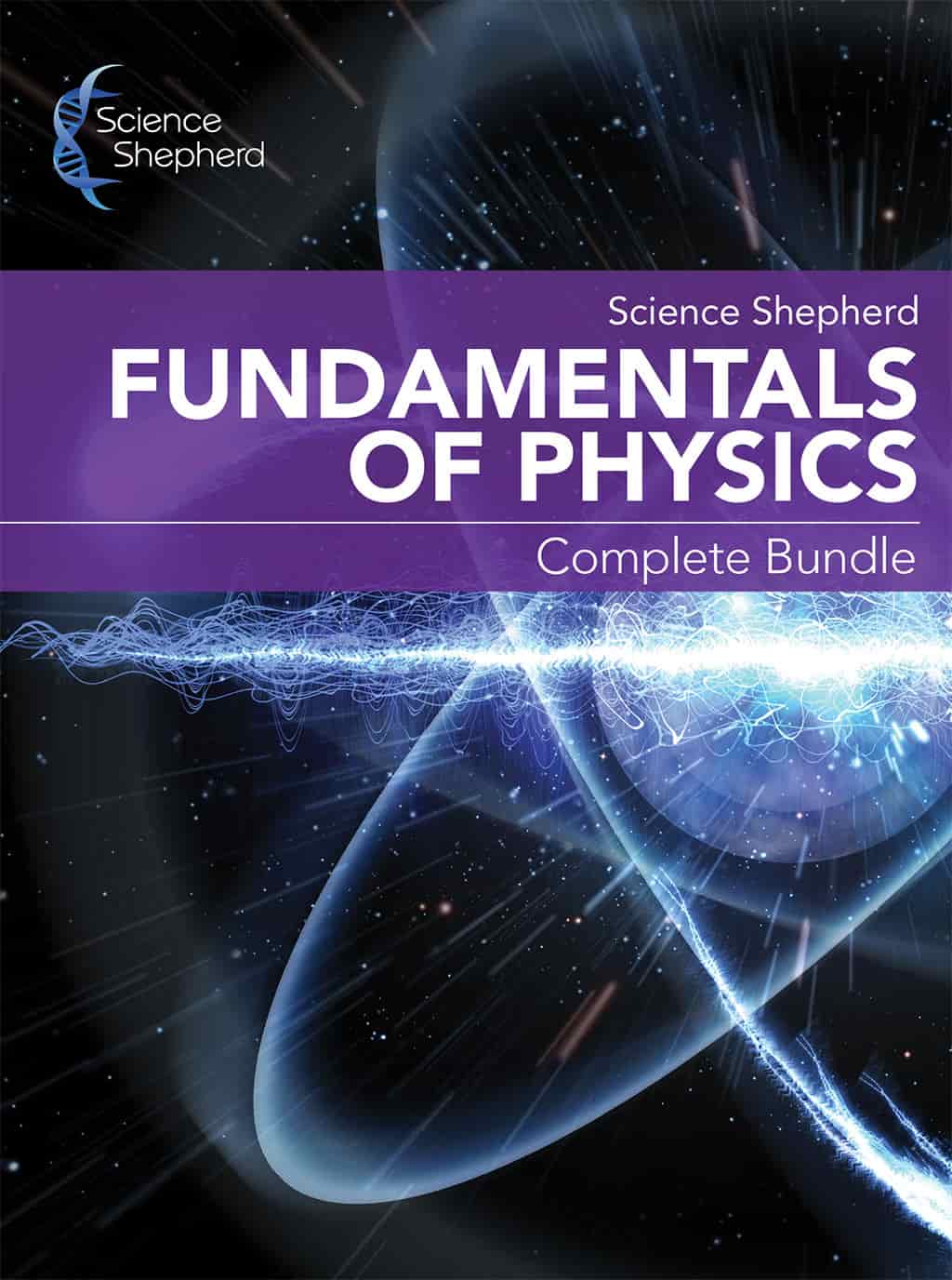 Cover image for the homeschool physics bundle showing a glowing atom