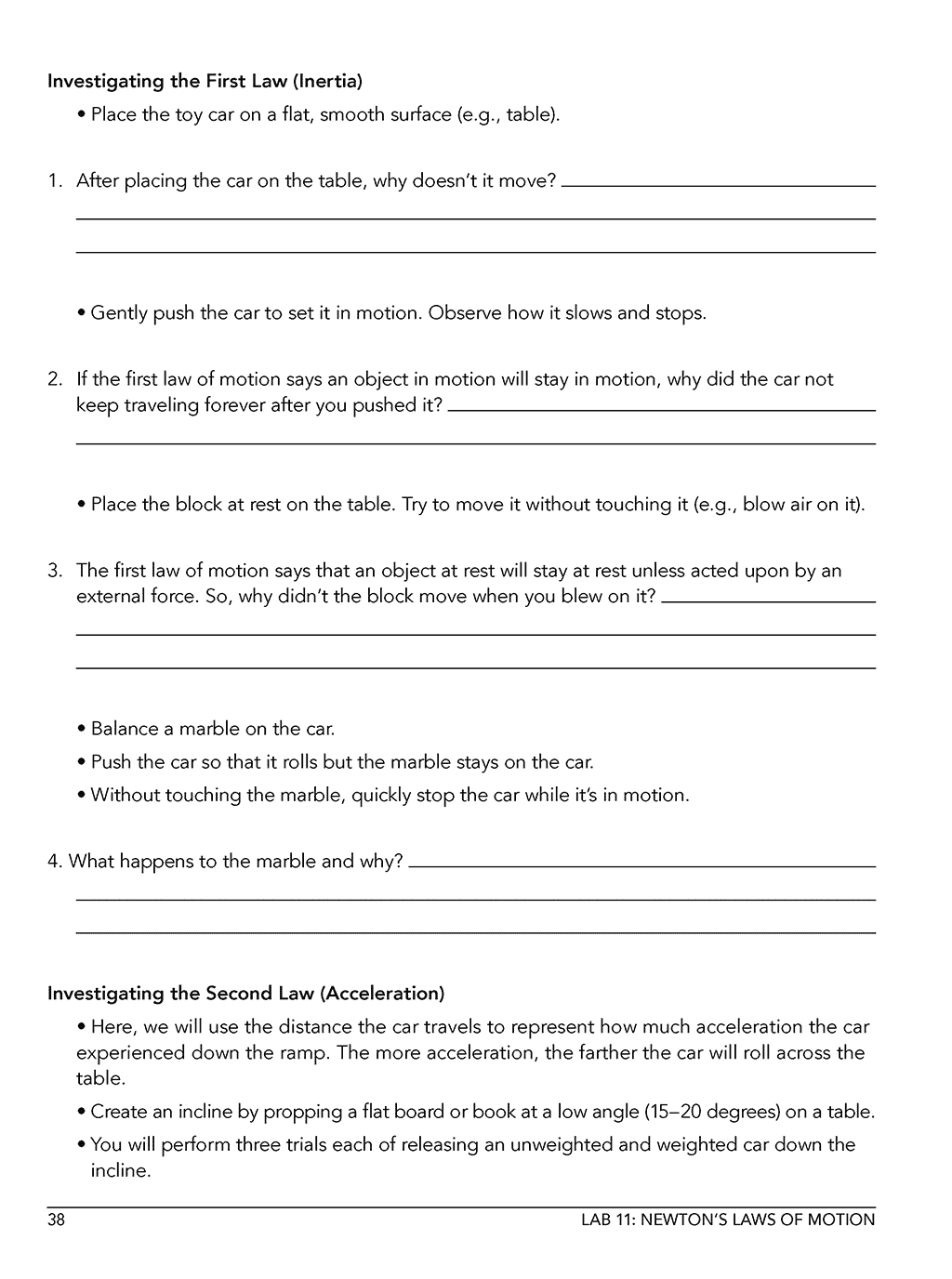 Homeschool physics lab manual sample page with investigating inertia and acceleration