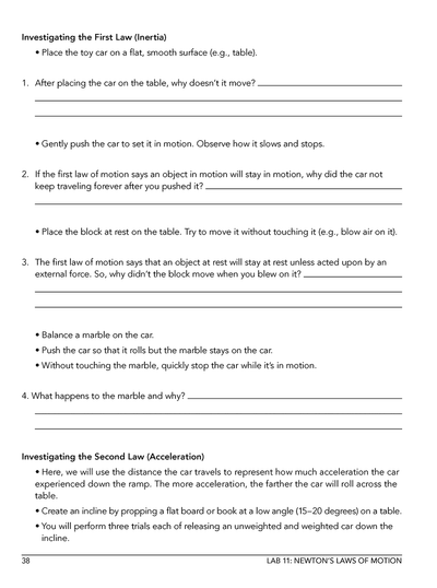 Homeschool physics lab manual sample page with investigating inertia and acceleration