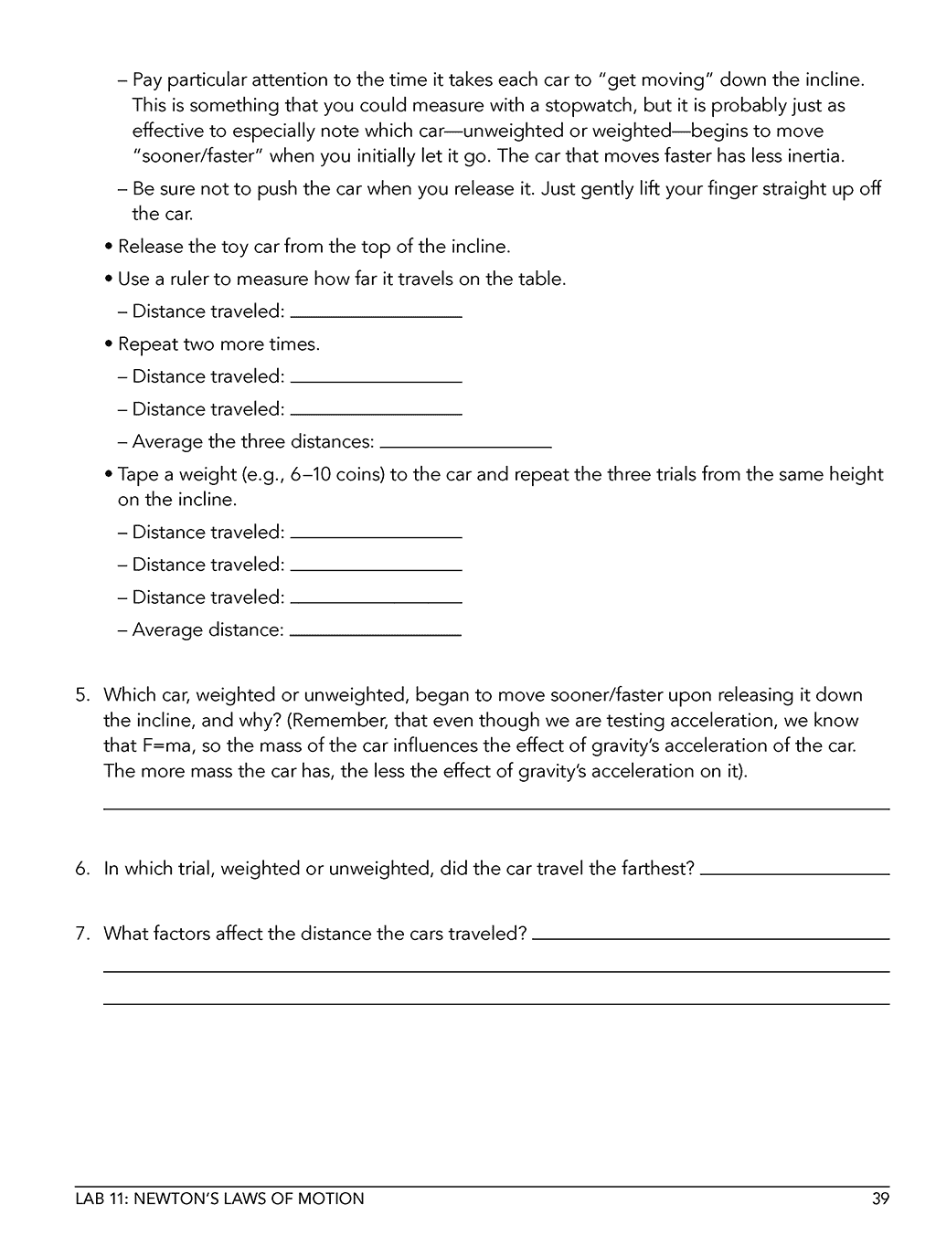 Homeschool physics lab manual sample page with instructions and questions