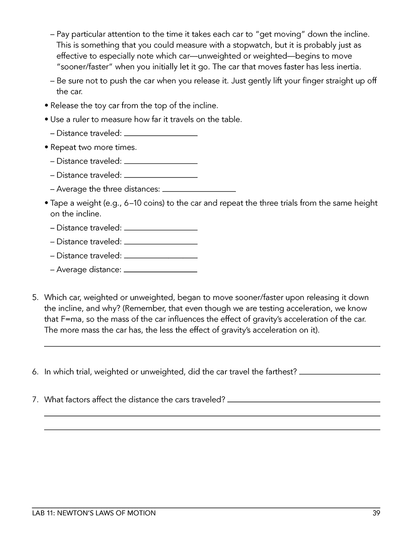 Homeschool physics lab manual sample page with instructions and questions