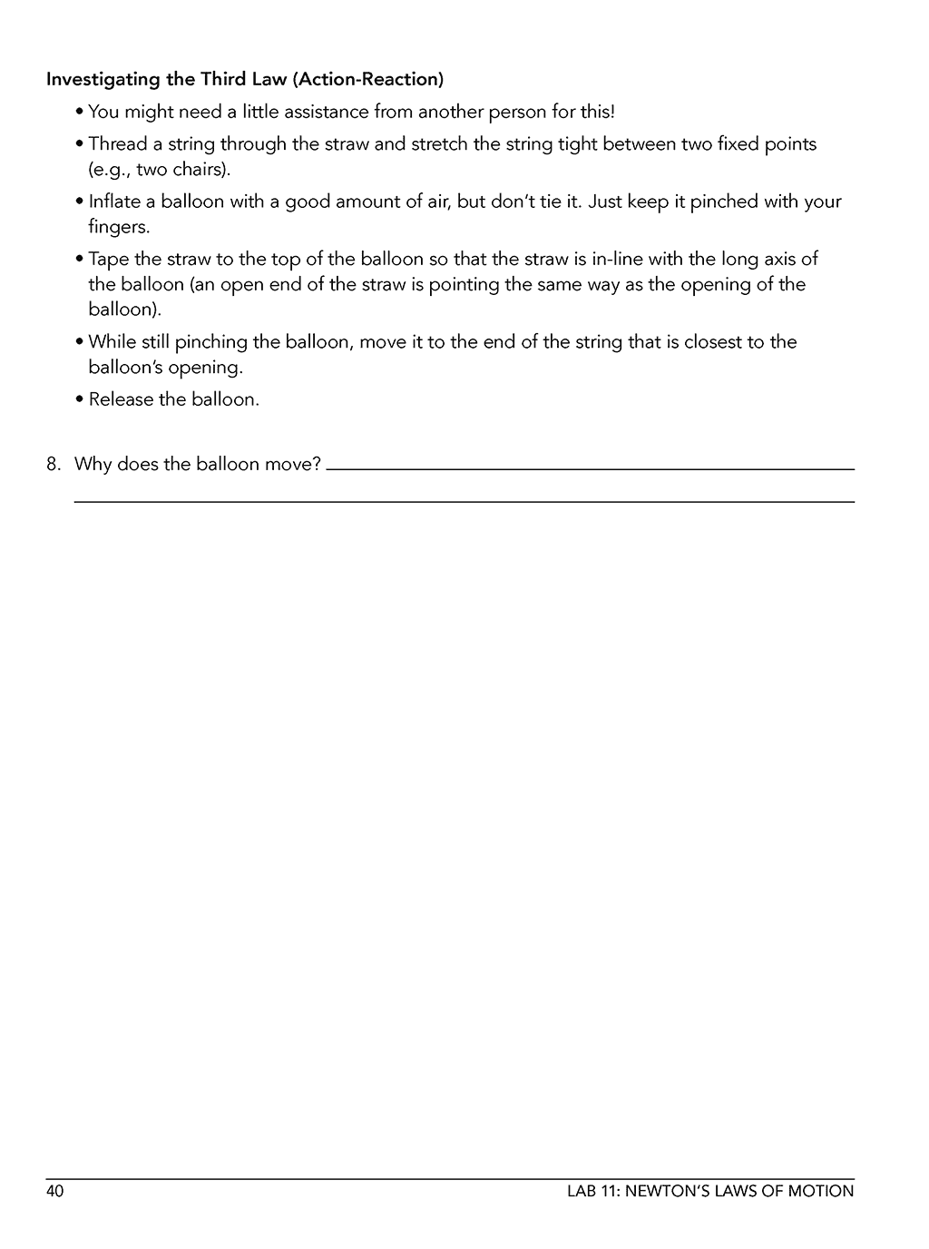 Homeschool physics lab manual sample page with investigating action-reaction