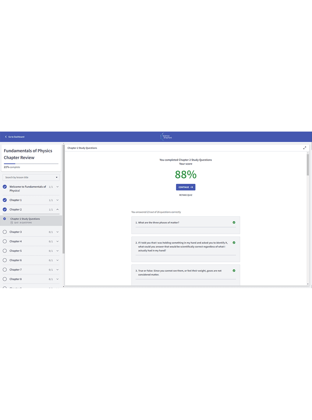 Homeschool physics review quiz screenshot of results showing 88% correct