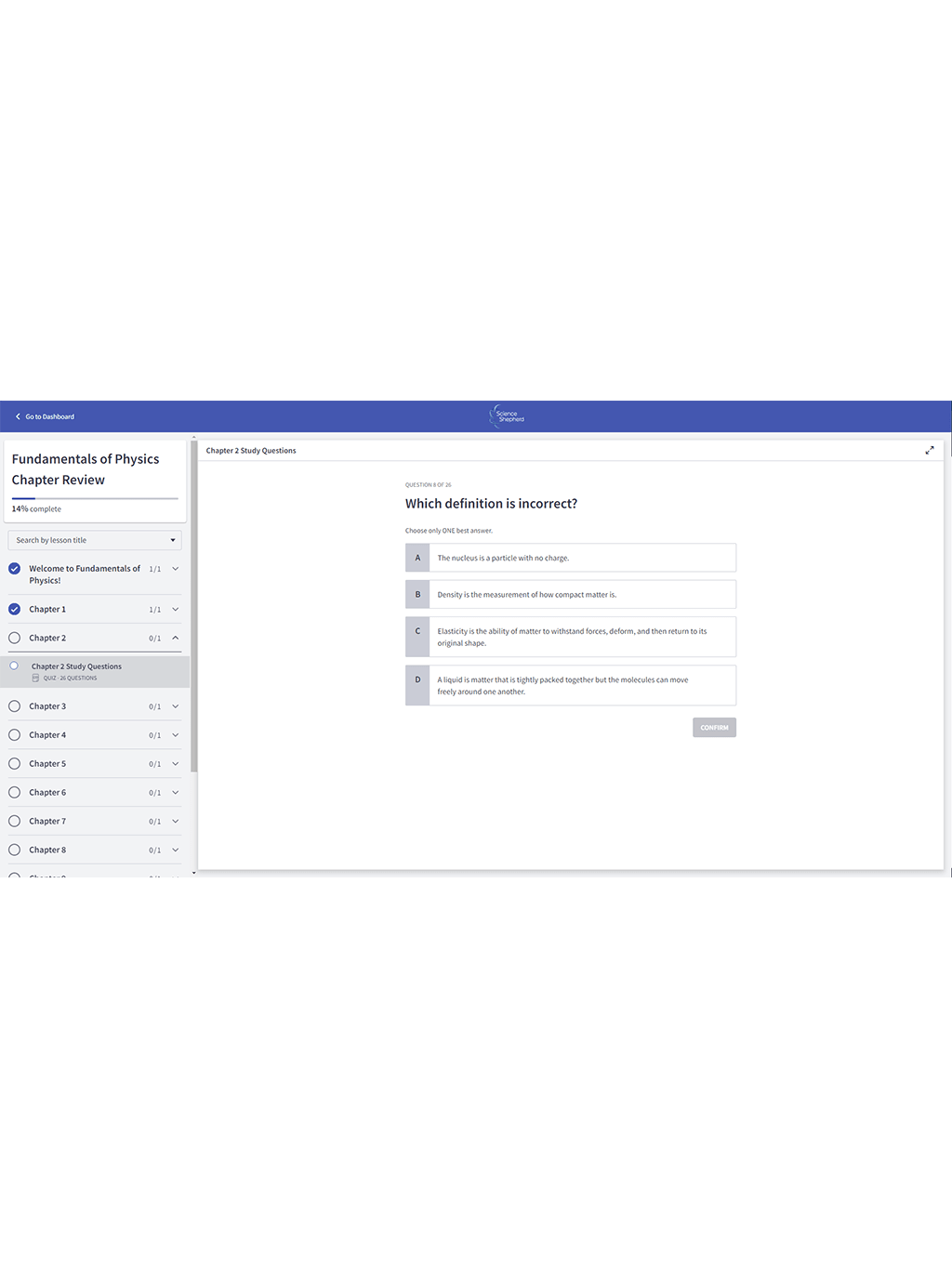 Homeschool physics review quiz screenshot of question and multiple choice answers