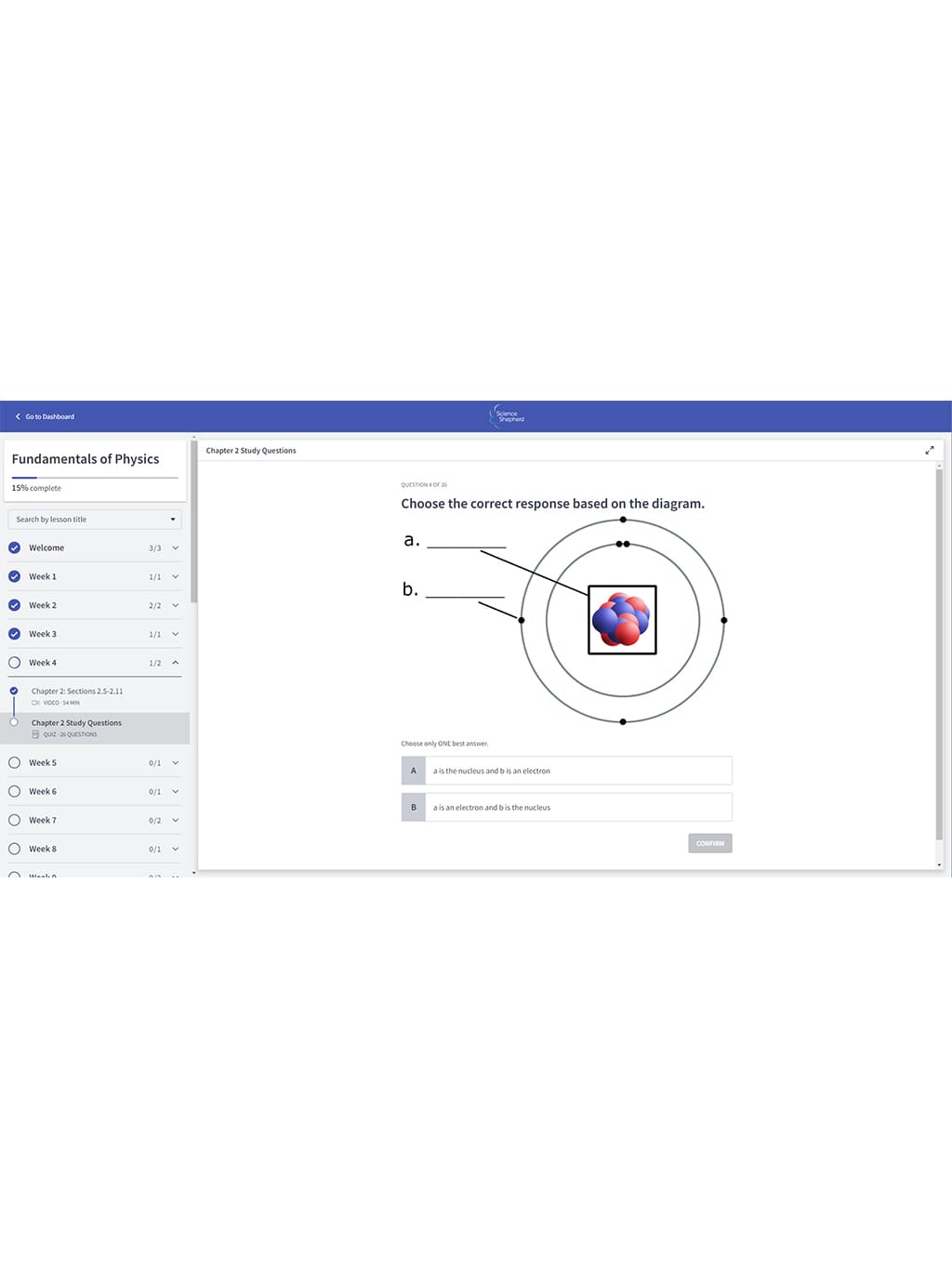 Homeschool physics videos student portal screenshot of a chapter review quiz