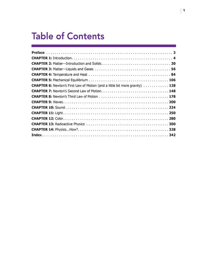 Homeschool physics videos table of contents showing 14 chapters