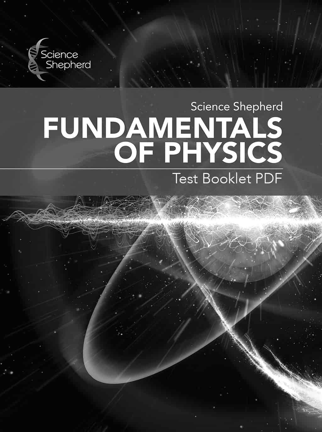 Homeschool physics videos answer test booklet cover of grayscale stylized atom